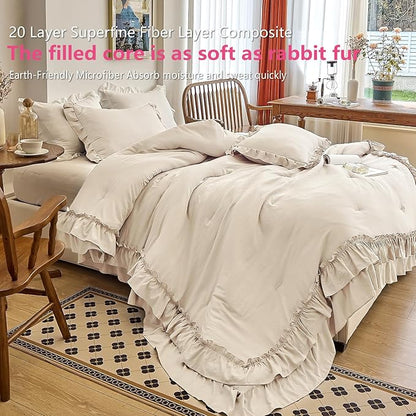 AIKASY Camel Ruffle Comforter Set King, 3 Pieces Vintage Ruffle Fringe Comforter, Farmhouse Rustic Microfiber Down Alternative Bedding (1 Comforter + 2 Pillow Shams)