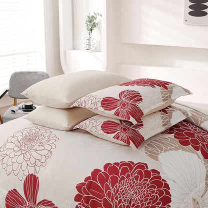 Yiran 7 Pieces King Comforter Set Red Floral Bed in a Bag Soft Microfiber Bedding Set 104"×90"(1 Comforter 1 Flat Sheet 1 Fitted Sheet 2 Pillowshams 2 Pillowcases)