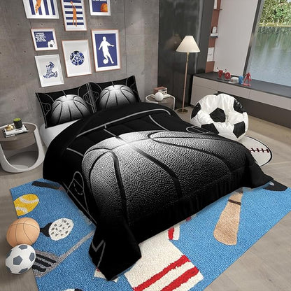 Erosebridal Boys Comforter Set Queen,Black Basketball Bedding Set for Boys,Sports Down Comforter for Basketball Player,3D Basketball Bed Set with 2 Pillowcases Lightweight