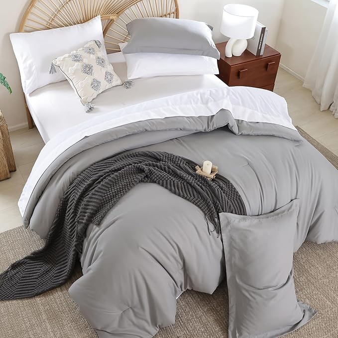 weigelia Queen Comforter Set Boho Bed Comforter Set 7 Pieces Grey Comforter Queen Size Soft All Season Microfiber Comforter with Fitted Sheets, Flat Sheets, Pillow Shams, and Pillowcases