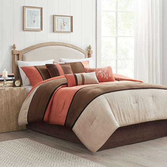 Madison Park Palisades Comforter Set Modern Faux Suede Pieced Stripe Design, All Season Down Alternative Cozy Bedding with Matching Shams, Decorative Pillows, Cal King(104"x92"), Coral 7 Piece