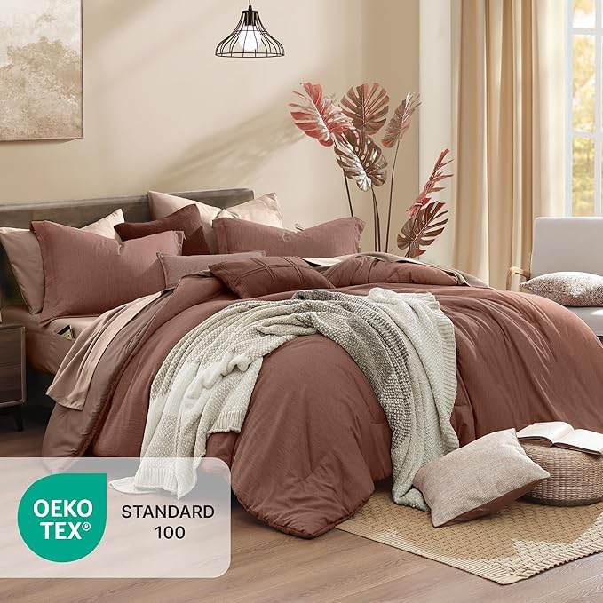 Monbix California King Comforter Set - 7 Pieces Cationic Dyeing Terracotta Bed in a Bag Cal King Bed Sets with Comforter, Sheets, Pillowcases & Shams, Reversible Bedding Comforters Sets