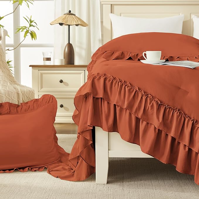 Andency Terracotta Full Size Comforter Set (79x90Inch), 3 Pieces Fluffy Farmhouse Shabby Chic Ruffle Bedding Sets, All Season Soft Lightweight Bed Set, Burnt Orange