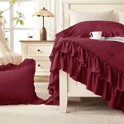 Andency Burgundy Ruffle Comforter Set King, Shabby Chic Farmhouse Bedding Comforter, Soft Lightweight Fluffy Microfiber Bet Set All Season 3 Pieces Solid Comforter Set
