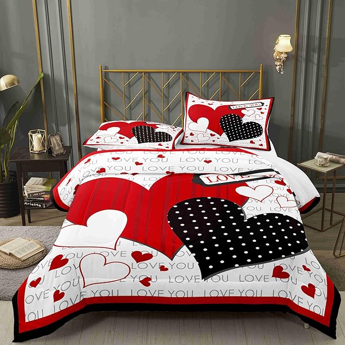 Black and Red Hearts King Size Comforter Set with 2 Pillowcases, Modern Valentine's Day Printed Pillow Shams Soft 3 Pcs Bedding for Kids Adults Bedroom Dormroom Bed Decor All Season