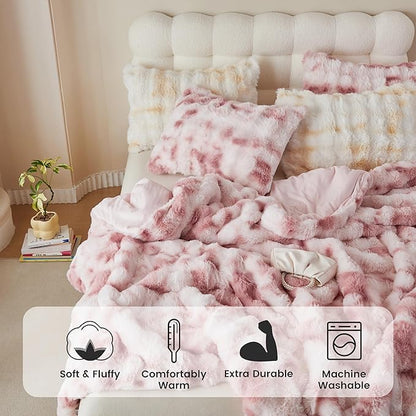 Simple&Opulence Fluffy Faux Fur Comforter Set, Plush Fuzzy Minky Bedding Set, 3 Pieces Warm Soft Comforter Bedding Set for Winter - 1 Shaggy Comforter with 2 Pillow Shams(Queen, Pink)