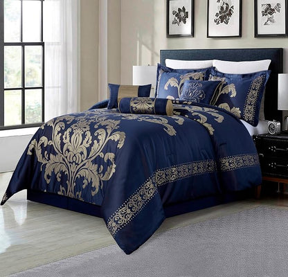 Chezmoi Collection 7-Piece Jacquard Floral Comforter Set (King, Navy/Gold)