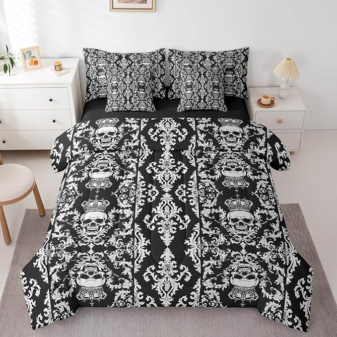 Erosebridal Sugar Skull 7 Piece Comforter Set Full Bed in a Bag,Gothic Bedding Set,Black Grey Damask Bohemian Vintage Floral Comforter and Sheet Set,Goth Skeleton Antique Victorian Baroque Decor