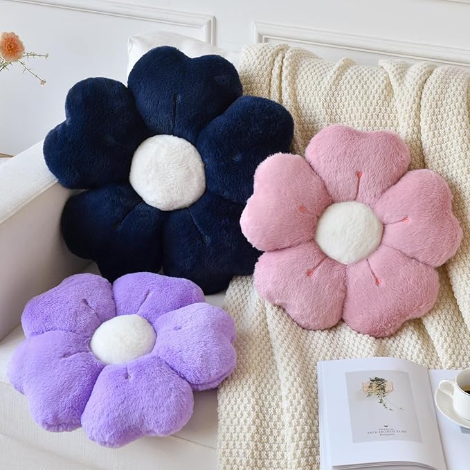 Flower Pillow, Flower Shaped Pillow Decorative Throw Pillows for Bed Couch, Cute Daisy Pillow Dorm Decor Floor Seating Cushion (Navy Blue, 15 Inches)