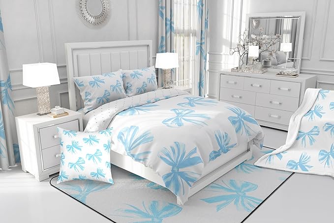 Erosebridal Bow Bedding Set King Size,Blue Bowknot Comforter Set Bow Tie Bedding Comforter Sets for Kids Teen Adults Bedroom Decor,Watercolor Bowknot Blue White Duvet Insert