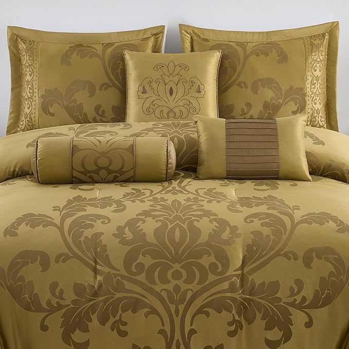 Chezmoi Collection Royale 7-Piece Jacquard Floral Comforter Set, Oversized Queen, Gold