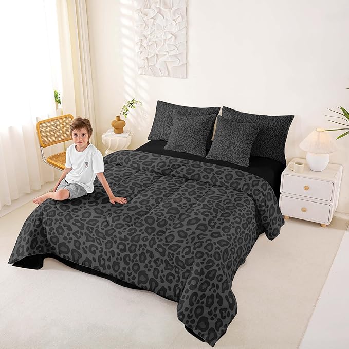 Leopard Print Full Size Comforter Set with Sheets 7 Pcs,Gray Wild Animal Skin Comforter Blanket,African Cheetah Wildlife Bedding Sets with Comforter,1 Flat,Fitted Sheet,Pillowcases and Pillow Covers