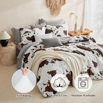 Petrichor Velvet Flannel King Comforter Set- Cow Print Western Style Blanket,Luxury Fuzzy Heavy Bedding Set, 3 Pieces Plush Winter Bed Set with Comforter (90"x104") & 2 Pillow Shams (20"x36"