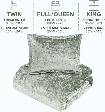Comfort Spaces Luxe Velvet Comforter Set for Twin Size Bed, Microfiber Reverse, Juliette, All Season Bedding, Fluffy Bed Set, Sham, Sage Green 2 Piece