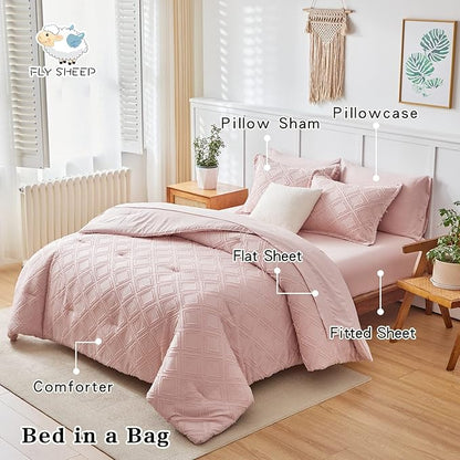 7 Pieces Tufted Bed in a Bag Queen Comforter Set with Sheets Blush Pink, Soft and Embroidery Shabby Chic Boho Bohemian, Luxury Solid with Diamond Pattern, Jacquard Tufts Bedding Set for All Season