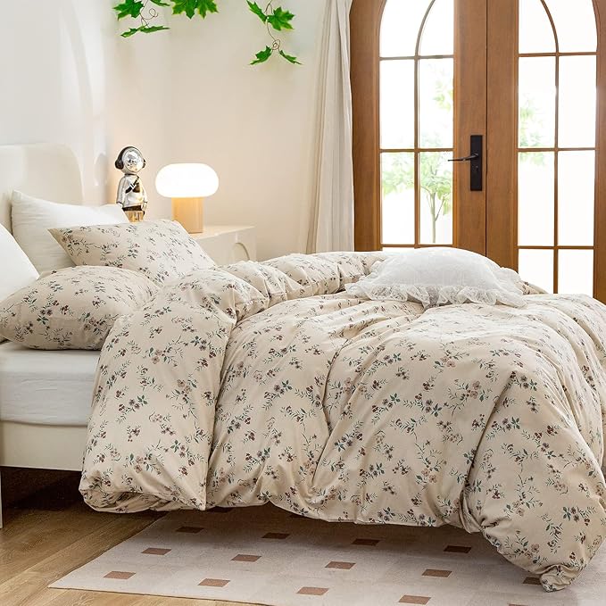 King Size Floral Comforter Set 3 Pieces Soft Cute Vintage Floral Bedding Comforter Lightweight Garden Style King Floral Botanical Comforter Set for All Seasons 1 Comforter and 2 Pillowcases