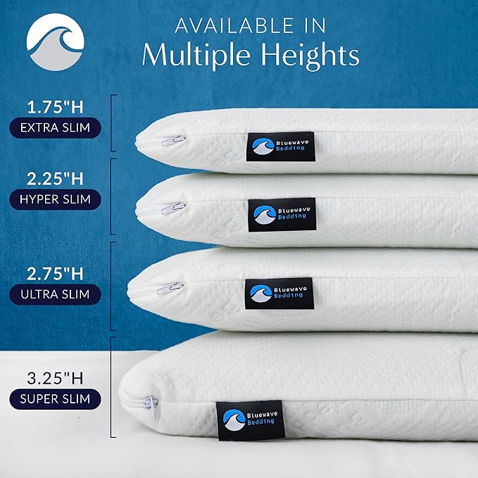 Bluewave Bedding Extra Slim Gel Memory Foam Pillow for Stomach and Back Sleepers - Thin, Flat, and Low Profile Design for Deeper Sleep (1.75-Inches Height, Standard Size)