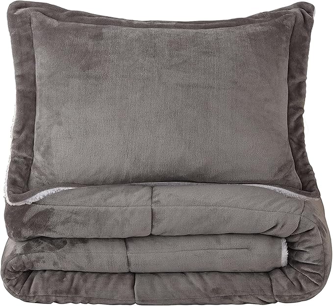 Seward Park Grey Sherpa Comforter Set Twin XL Size, All Season Soft Warm Fleece Fall Blanket, Winter College Dorm Bedding Sets with 1 Pillow Sham
