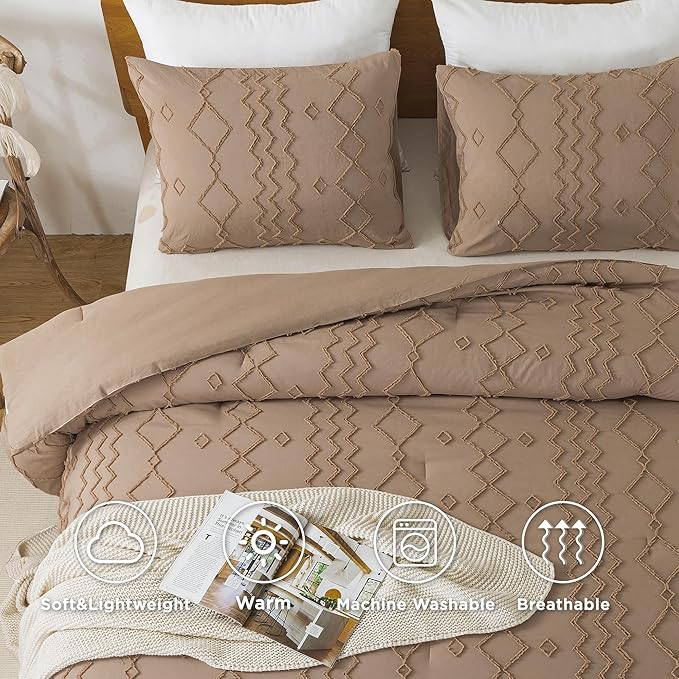Andency Taupe Tufted Comforter Set Twin(66x90Inch), 2 Pieces(1 Boho Comforter, 1 Pillowcase) Textured Farmhouse, Soft Microfiber Down Alternative Geometric Bedding Set