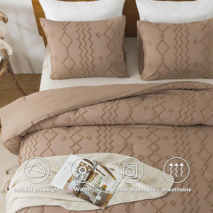 Andency Taupe Tufted Comforter Set Twin(66x90Inch), 2 Pieces(1 Boho Comforter, 1 Pillowcase) Textured Farmhouse, Soft Microfiber Down Alternative Geometric Bedding Set