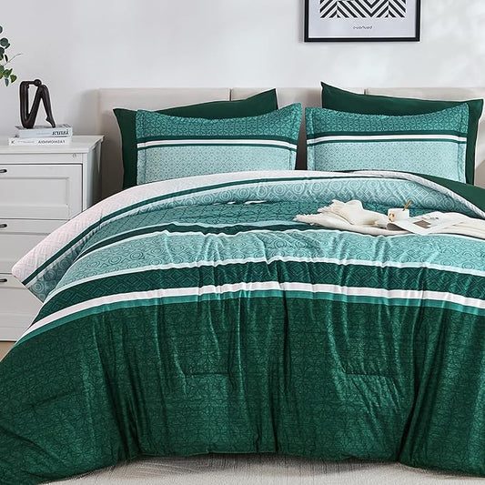 WONGS BEDDING 7 Pieces Comforter Set Queen Size, Green Striped Bed in a Bag Comforter and Sheet Set, Emerald Green Boho Soft Lightweight Micorfiber Bedding Set for All Season (90"×90")