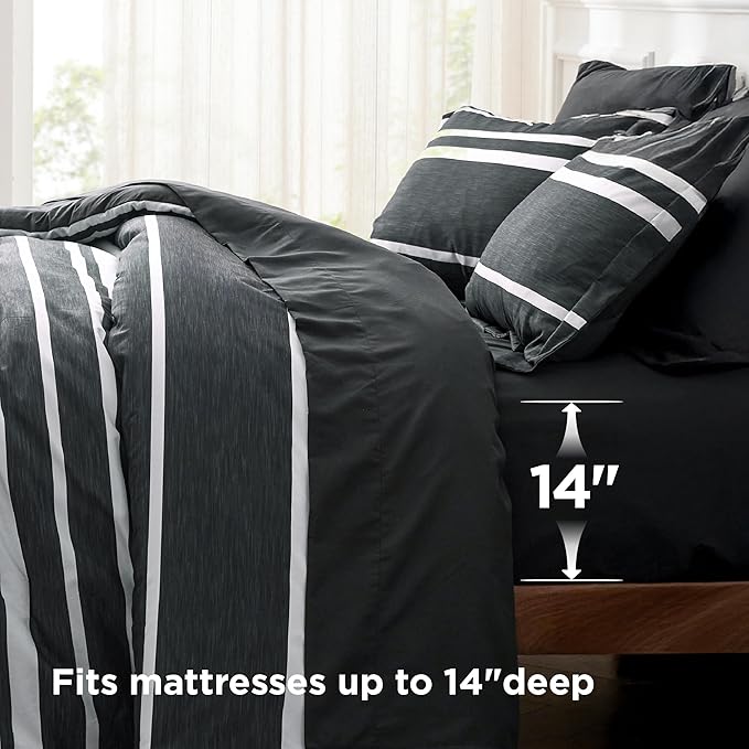 Bedsure King Comforter Set 7 Pieces, Black Striped Bedding Set for All Seasons, Reversible, Cationic Dyeing Bed in a Bag with Comforter, Sheets, Pillowcases & Shams