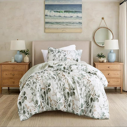 Lightweight Seersucker Botanical Comforter Set Twin Size, 2 Pieces Reversible Design with Striped Print, Premium Microfiber Bedding Set, Comforter and Sham Set, Green