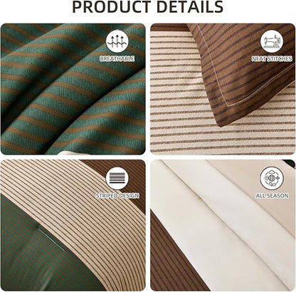 Anibedding Striped Comforter Set King Size, Boho Brown Green Striped Bedding Comforter Set 7 Piece Bed in a Bag, Soft Microfiber Down Alternative Farmhouse Bedding Set for All Season(104"x90")