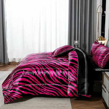 Zebra Print Bedding Set Hot Pink Satin Comforter with Sheets Zebra Stripe Animal Print Africa Wildlife Theme Silk Like Silky Bed in A Bag Black Pink Comforter Sets