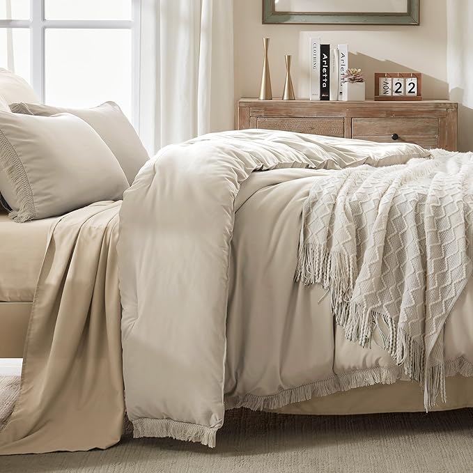 Andency Comforter Oversized King Oatmeal 120x98, 3 Pieces Boho Winter Lightweight Bedding Comforter Sets, All Season Tassel Bed Set (1 Comforter & 2 Pillowcases)