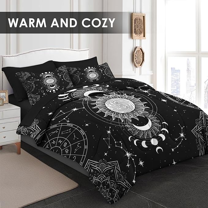Comforter Set Twin Size, Sun Moon Tarot Vintage 5 Pcs Bedding for Kids and Adults, Boho Bohemian Retro Bed Sheet Sets with Fitted Sheet Pillowcase & Sham for Bedroom Bed Decor