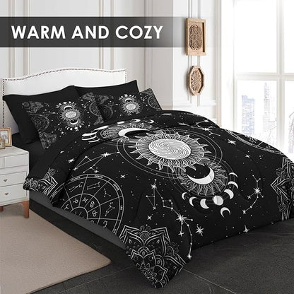 Comforter Set Queen Size, Sun Moon Tarot Vintage 7 Pcs Bedding for Kids and Adults, Boho Bohemian Retro Bed Sheet Sets with Fitted Sheet 2 Pillowcases & 2 Shams for Bedroom Bed Decor