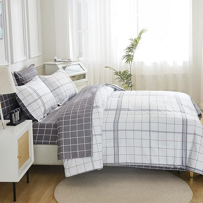 EMME Twin Comforter Set-Bed in A Bag Plaid, 5 Piece Bedding Sets with Black White Comforter, Sheets, Pillowcase&Sham,Soft Microfiber Down Alternative for All Season