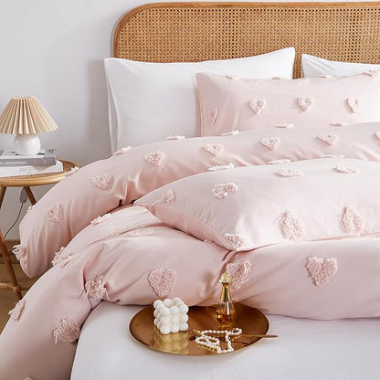 Boho Tufted Comforter Set Queen Size Pink Heart Tufted Textured Bedding Set 3 Pieces Farmhouse Shabby Chic Embroidery Bed Set Soft Jacquard Comforter for All Season with 2 Pillowcases
