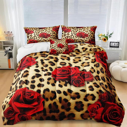 MOVE OVER Leopard Comforter Set California King Red Rose Flower Bedding Set 4 Pieces Cheetah and Rose Flower Printed Design Romantic Comforter Set for Women and Female Leopard Printed Bedding Set
