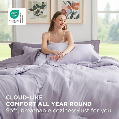 Bedsure Queen Comforter Set - 7 Pieces Lavender Queen Bedding Set for All Seasons, Boho Contrasting Design Bed in a Bag with Comforter, Sheets, Pillowcases & Shams
