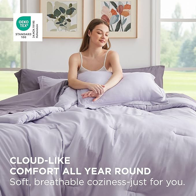 Bedsure King Size Comforter Set - 7 Pieces Lavender King Bedding Set for All Seasons, Boho Contrasting Design Bed in a Bag with Comforter, Sheets, Pillowcases & Shams