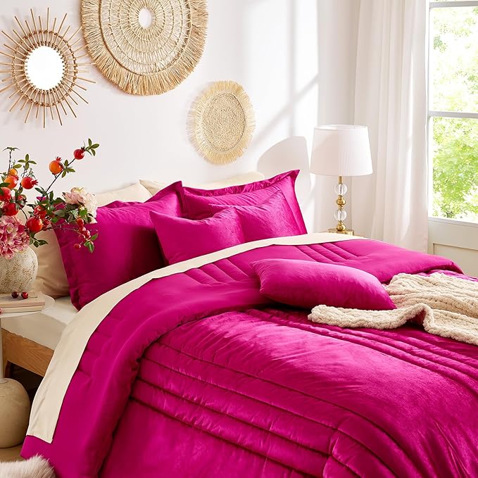 MUSSEL King Size Comforter Set Hot Pink 3 Pieces,Luxury Velvet Striped Bedding Comforter Sets,Elegant Lightweight Neutral Soft Fluffy King Comforter Sets for Bedroom