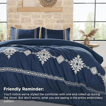 Embroidered Boho Comforter Set Full Size, 3-Piece Western Shabby Chic Bedding Set - Fluffy Ultra Soft Microfiber with Intricate Design, Includes Comforter & 2 Pillowcases, Navy(82"x86")