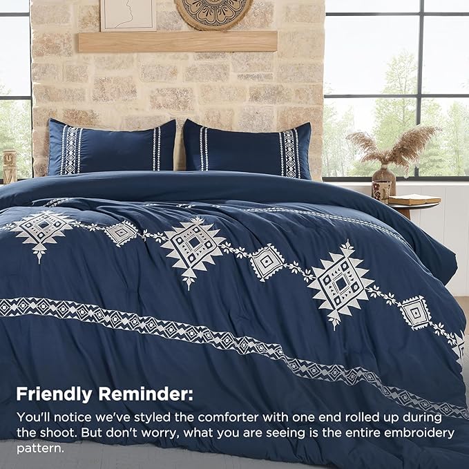 Boho Embroidered Bed Comforter Queen Set, 3-Piece Western Shabby Chic Bedding Set - Fluffy Ultra Soft Microfiber with Intricate Design, Includes Comforter & 2 Pillowcases, Navy(88"x88")