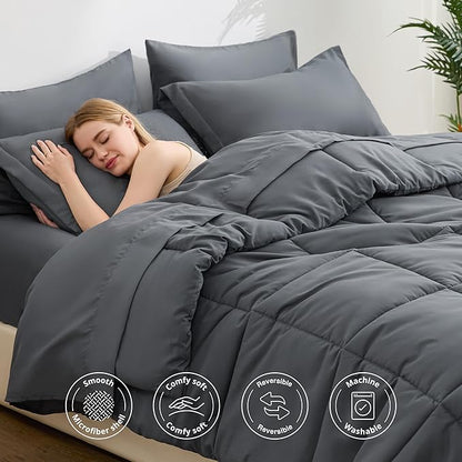 Love's cabin California King Comforter Set Soot Grey, 7 Pieces California King Bed in a Bag, All Season Bedding Sets with 1 Comforter, 1 Flat Sheet, 1 Fitted Sheet, 2 Pillowcase and 2 Pillow Sham