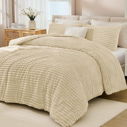 Andency Fleece Queen Comforter Set, 3 Pieces Beige Comforter Set for Queen Size Bed, Soft Warm Cream Fluffy Fuzzy Luxury Bedding Set for Winter (1 Comforter & 2 Pillowcases)
