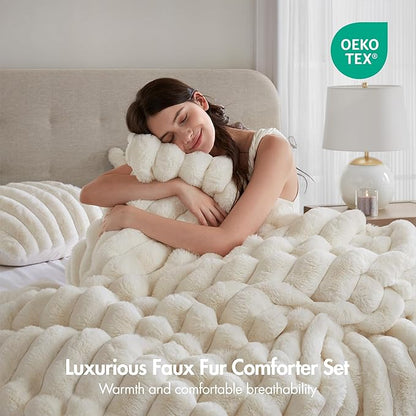 Madison Park Jasmine Queen Comforter Set, Luxurious Reversible Faux Fur Plush Ribbed Velvet Bedding, Fuzzy Thick Warm Winter Comforter, Super Soft Fluffy 3-Piece Set Ivory
