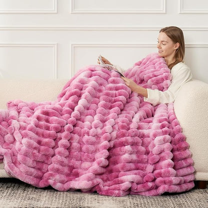 Cozy Bliss Faux Fur Throw Blanket for Couch, Cozy Warm Plush Striped Blanket for Sofa Bedroom Living Room, 60 * 80 Inches Tie-dye Pink
