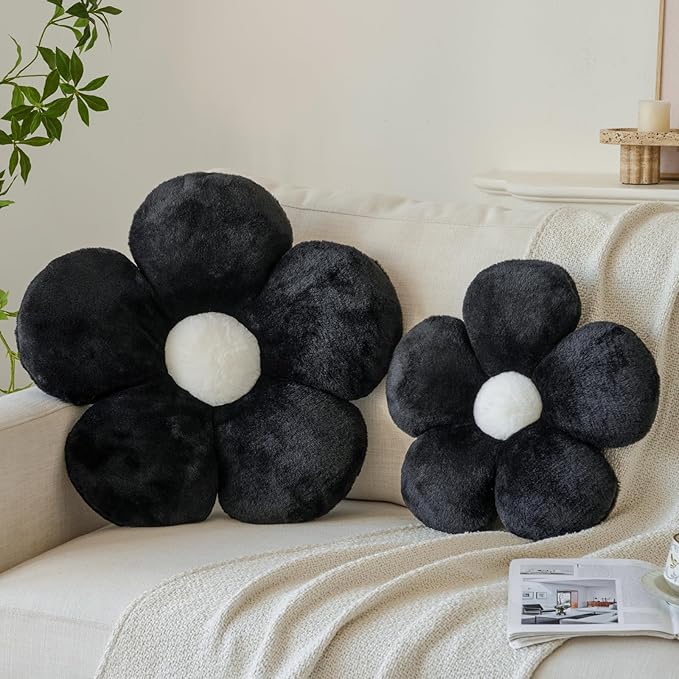 Zlgkjk Flower Pillow, Decorative Throw Pillows with Soft Plush for Couch Bed, Cute Daisy Pillow Cushion Home Decor Floral Throw Pillow (Black, 19.6 Inches)