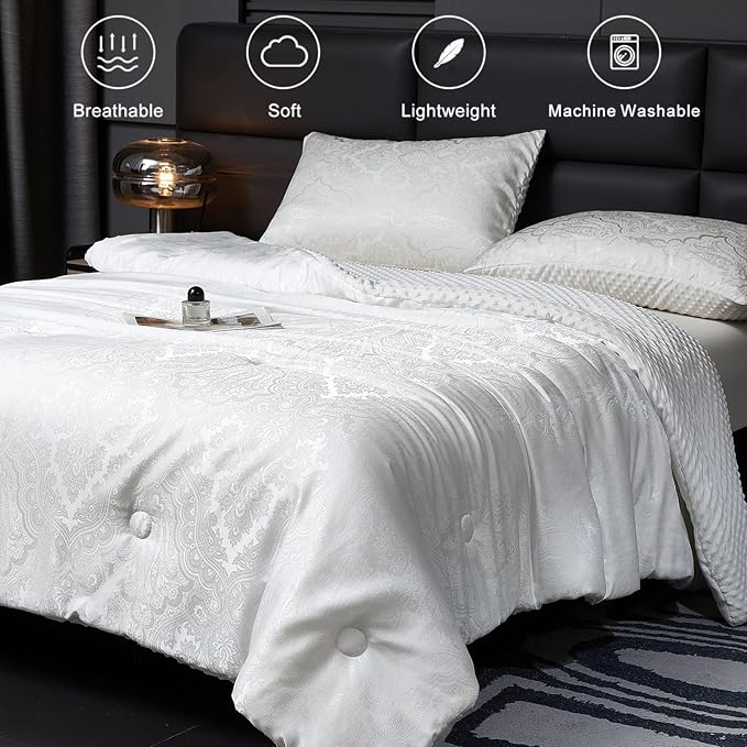 Jacquard Comforter Set - Luxury Warm Paisley Floral Pattern King Size Bedding with 2 Pillowcases All-Season Soft & Lightweight 3D Bubble Design Bed Set (104x90 Inches White)