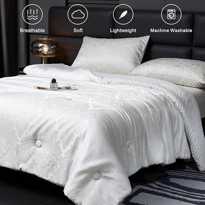 Jacquard Comforter Set - Luxury Warm Paisley Floral Pattern Full Size Bedding with 2 Pillowcases All-Season Soft & Lightweight 3D Bubble Design Bed Set (80x90 Inches White)