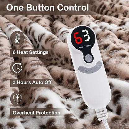 Electric Heated Blanket Throw Size 50"x60", Fast Heating Throw, Soft Microplush for Sofa & Office,6 Heating Levels & 1-10 Hours Auto Off, Machine Washable, Gifts for Family-Leopard Print, Beige