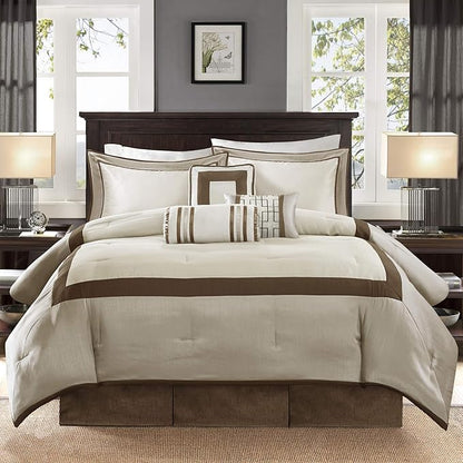 Madison Park Cozy Comforter Set-Deluxe Hotel Collection, All Season Down Alternative Luxury Bedding with Matching Shams, Decorative Pillows, King (104"x92"), Genevieve, Taupe/Brown 7 Piece