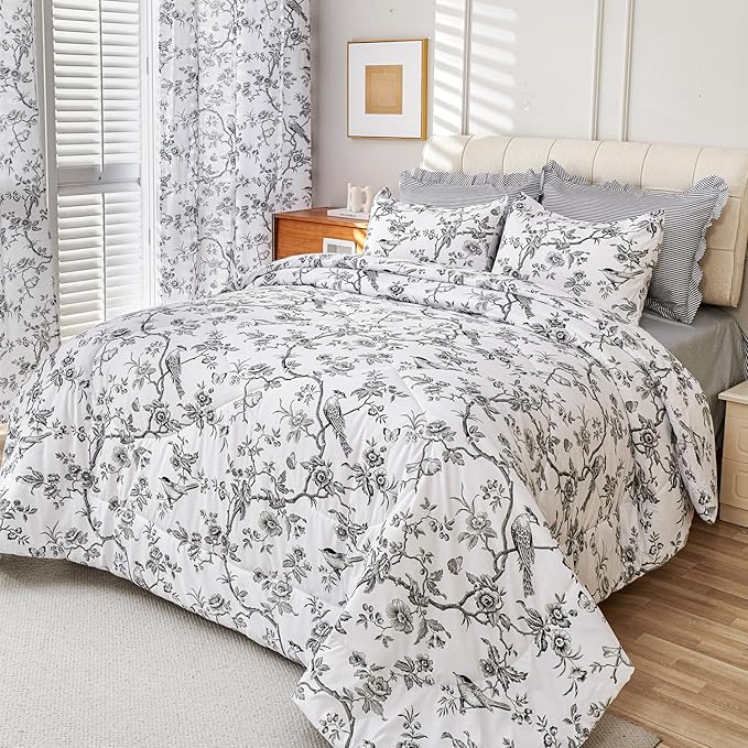 EVENHUG Queen Comforter Set 7 Pieces Lightweight Soft Queen Size Comforters for All Season Floral Bedding Sets Bed in a Bag with Flat Sheet and Fitted Sheet Pillowcases (90"x90")